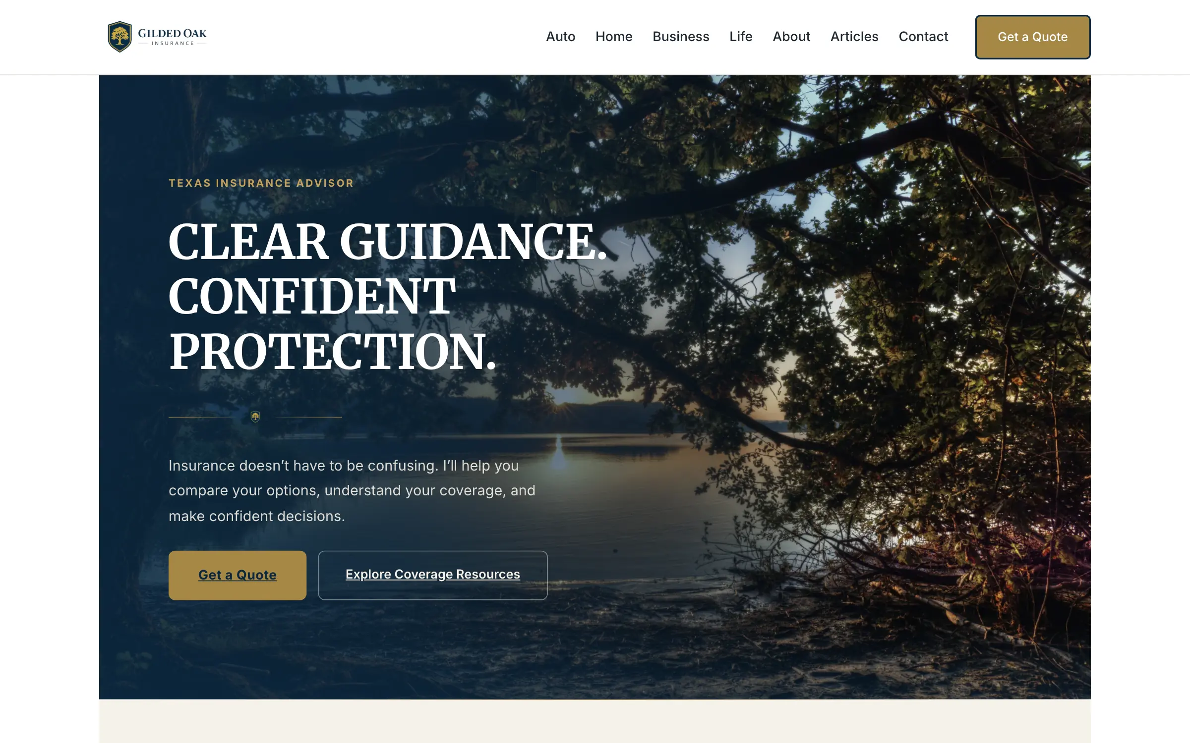 Gilded Oak Insurance homepage showing its navigation and Clear Guidance. Confident Protection. hero