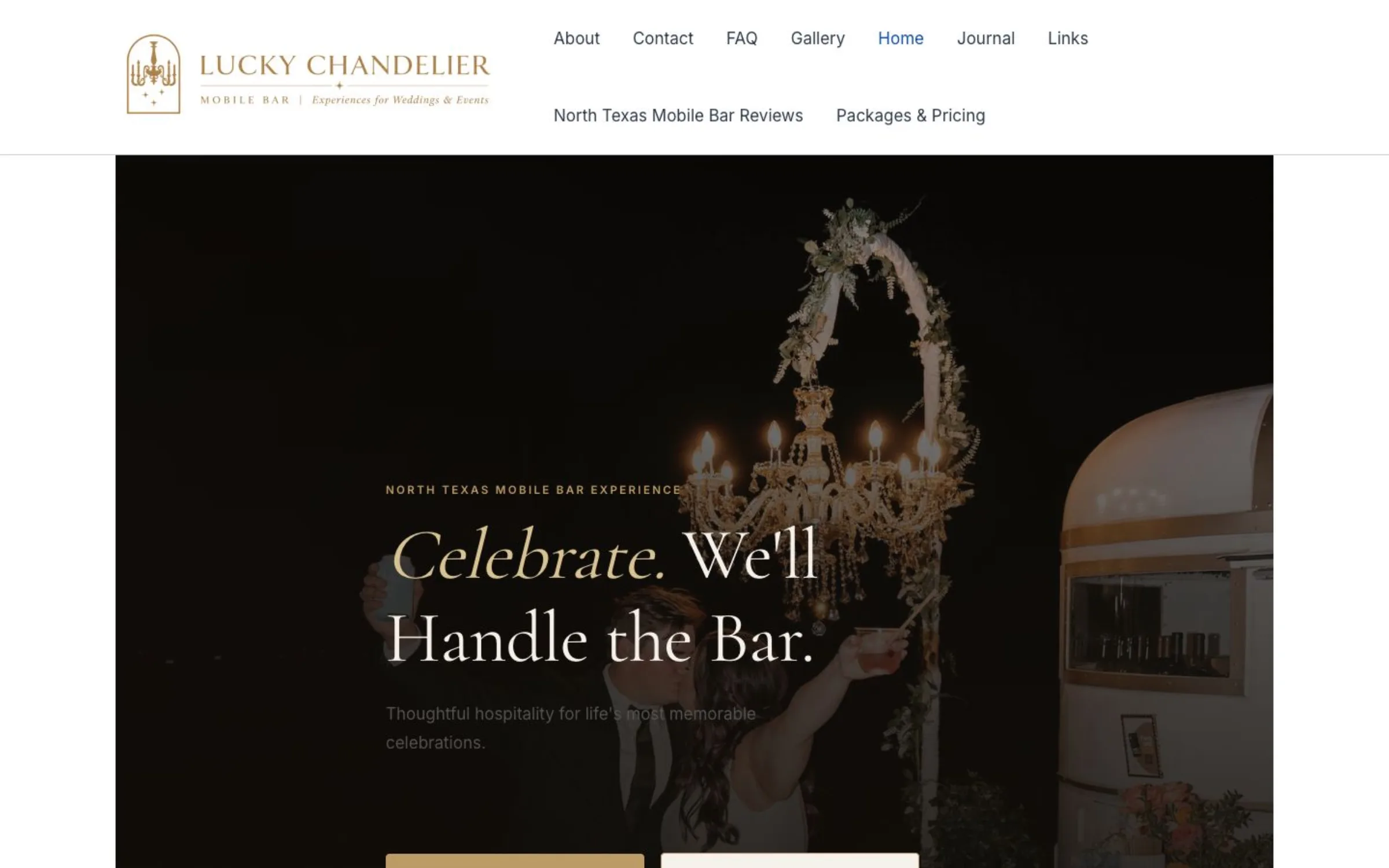 Lucky Chandelier homepage showing its North Texas mobile bar experience and chandelier photograph